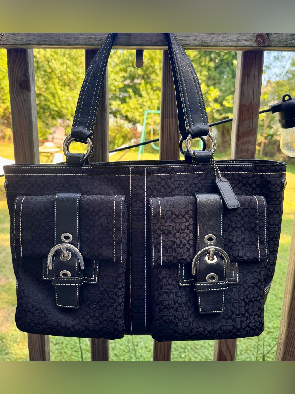 Coach Black Vtg Y2k Signature Jacquard Fabric & Leather Tote, Satchel Bag
